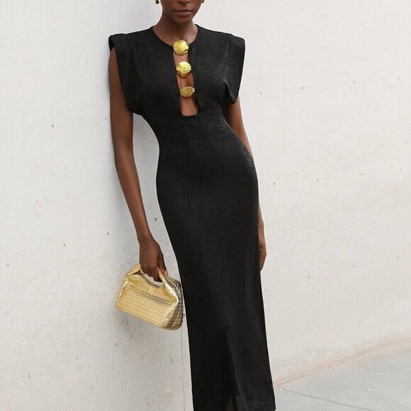 Black Elegant Women's Bodycon Long Dress Puff Sleeves Crew Neck - Picture 3 of 7